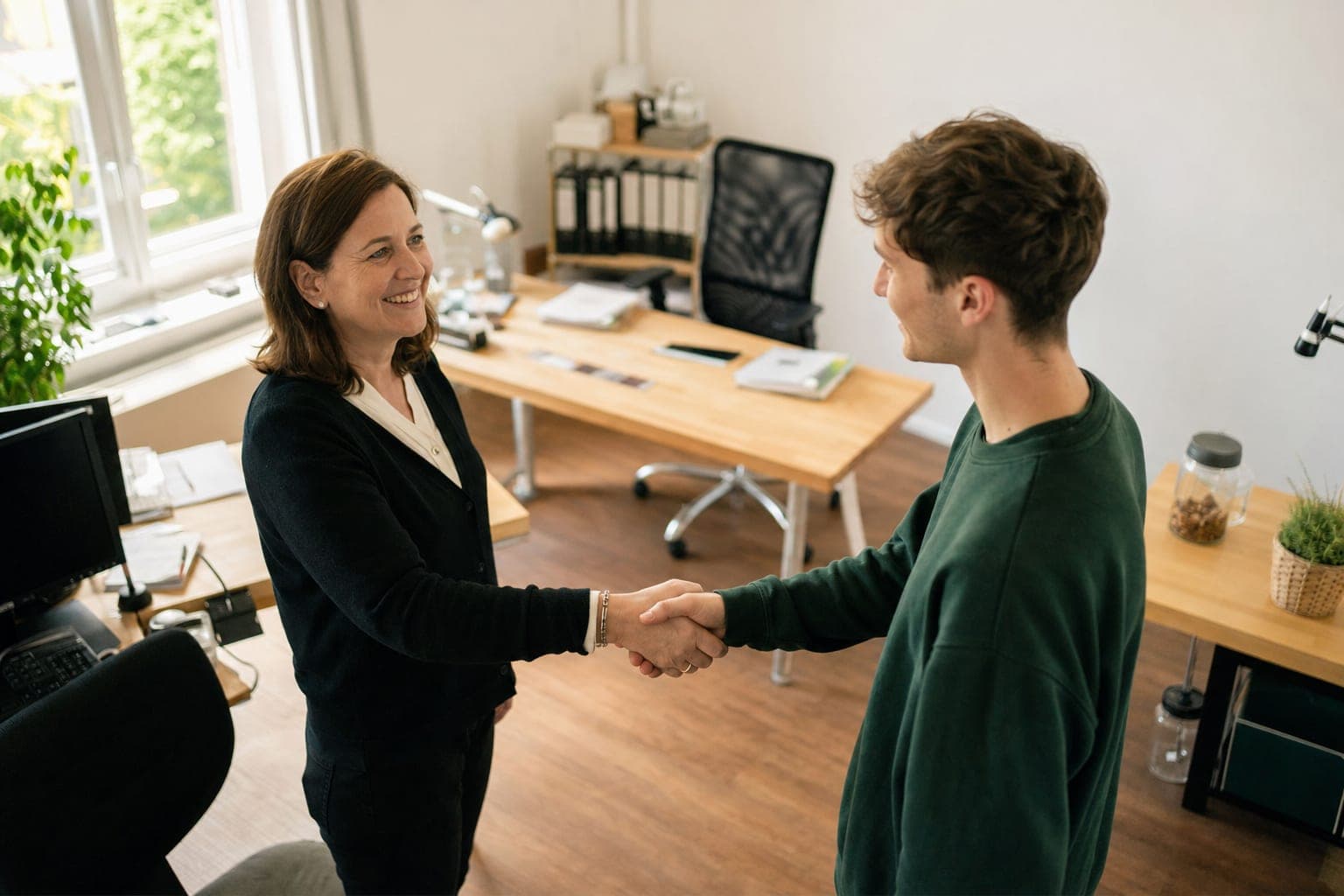 Geschäftsführer begrüßt eine neue Mitarbeiterin per Handschlag